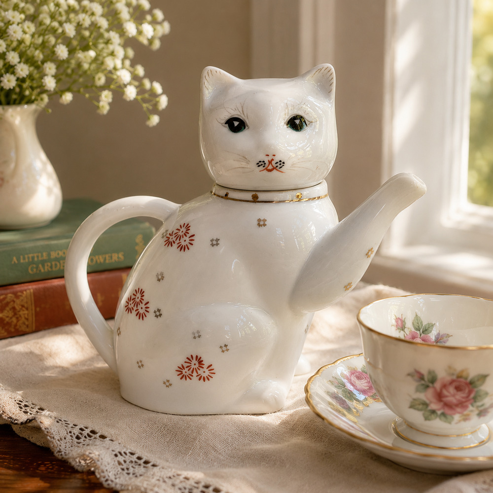 Vintage White Cat Teapot | Mid Century Novelty Japanese Ceramic Kitty